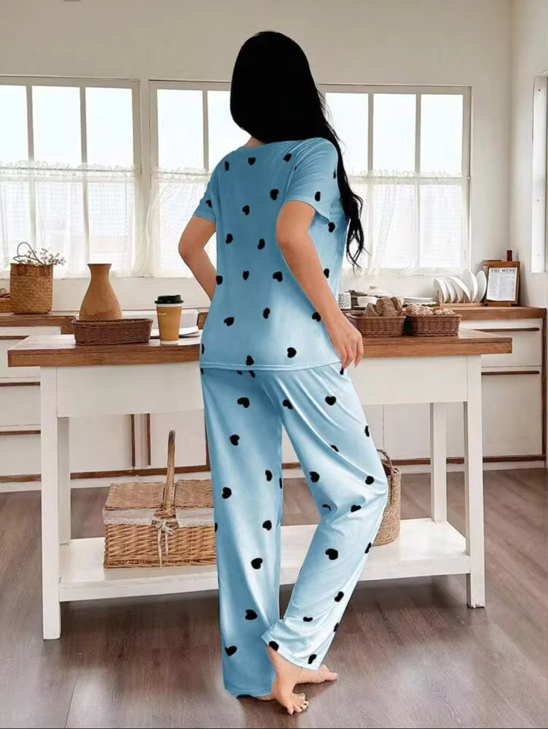 Women’s Sky Blue Heart Print Cotton Night Suit | Short Sleeve Top & Full Length Pyjama Set