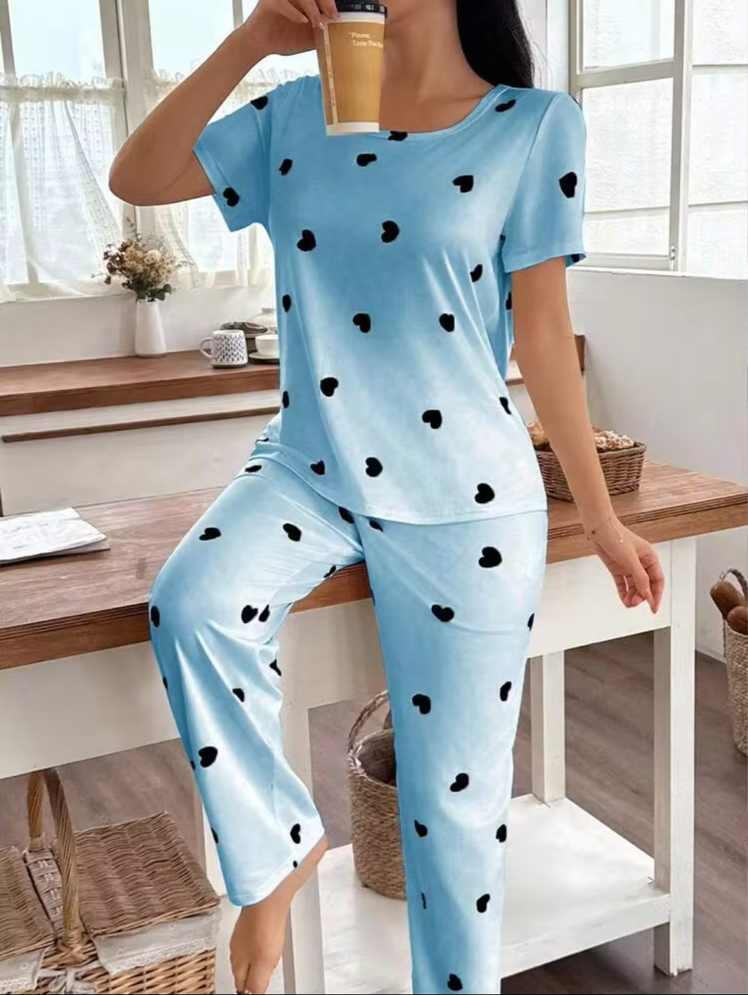 Women’s Sky Blue Heart Print Cotton Night Suit | Short Sleeve Top & Full Length Pyjama Set