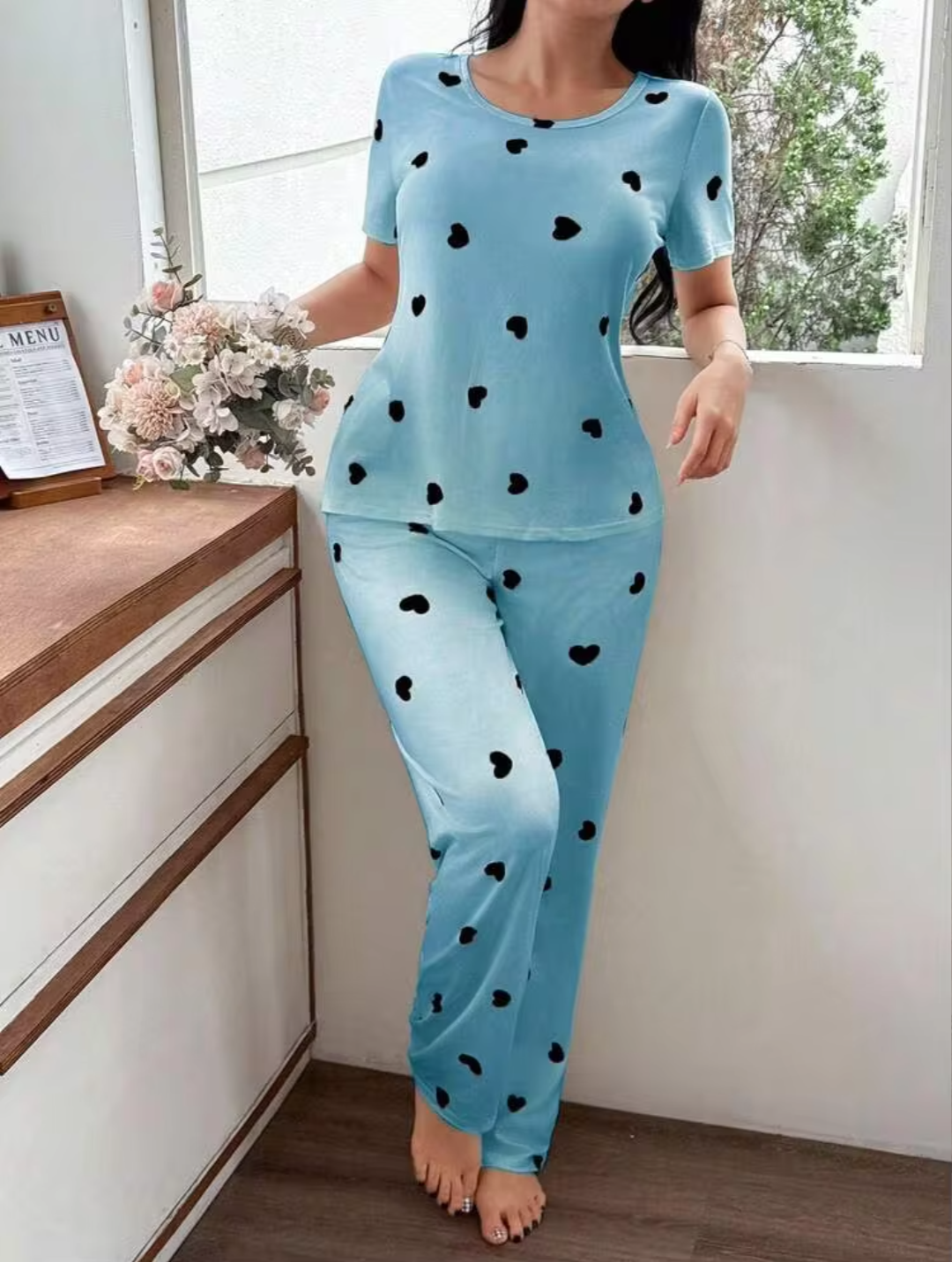 Women’s Sky Blue Heart Print Cotton Night Suit | Short Sleeve Top & Full Length Pyjama Set