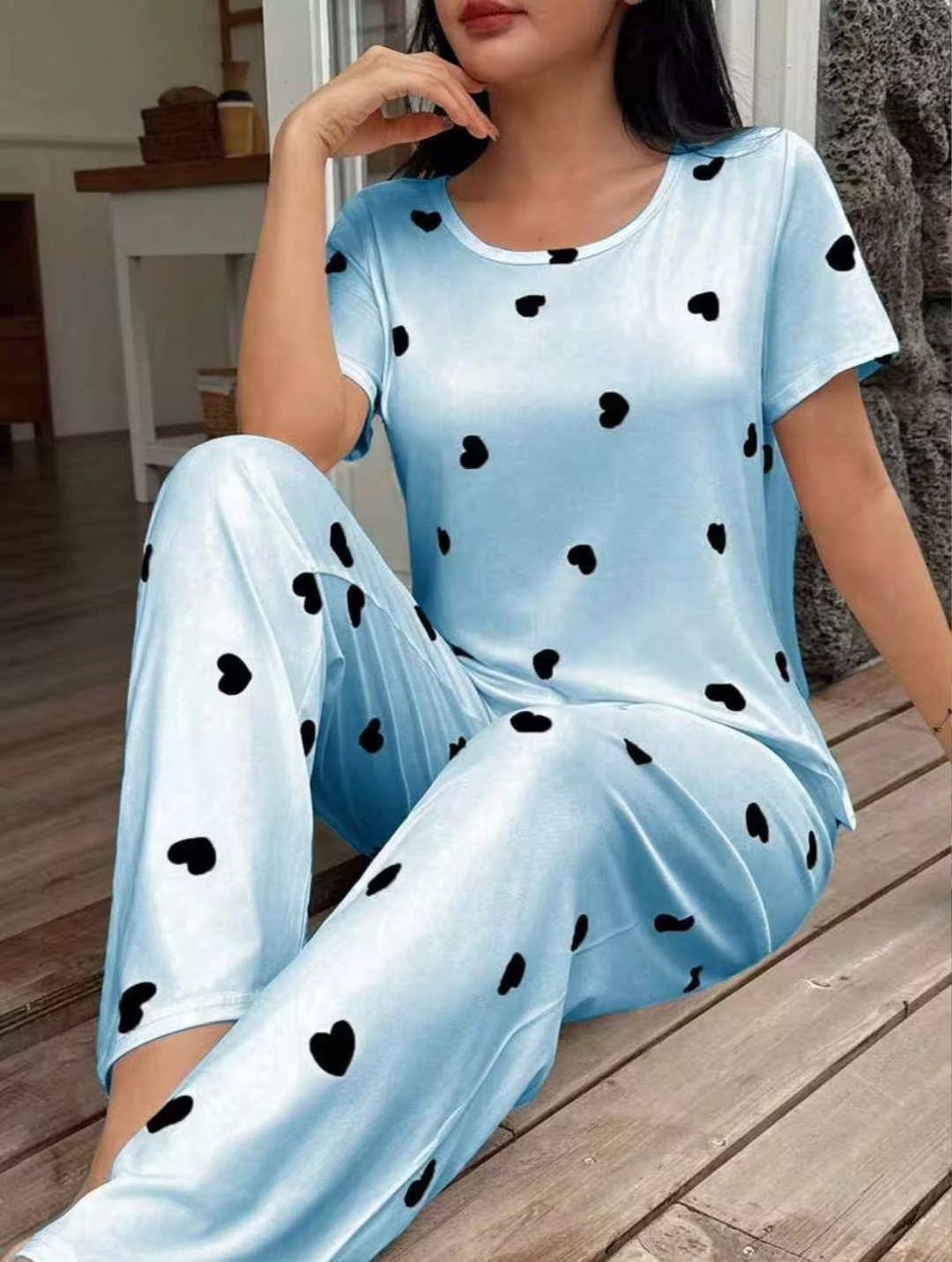 Women’s Sky Blue Heart Print Cotton Night Suit | Short Sleeve Top & Full Length Pyjama Set