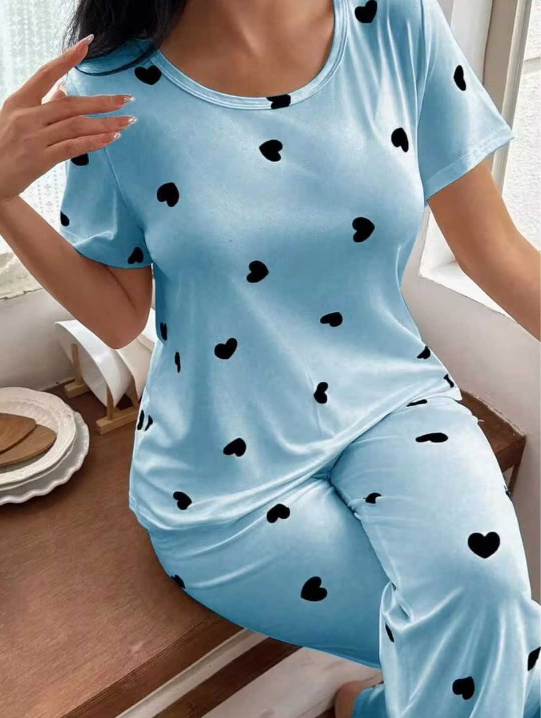 Women’s Sky Blue Heart Print Cotton Night Suit | Short Sleeve Top & Full Length Pyjama Set