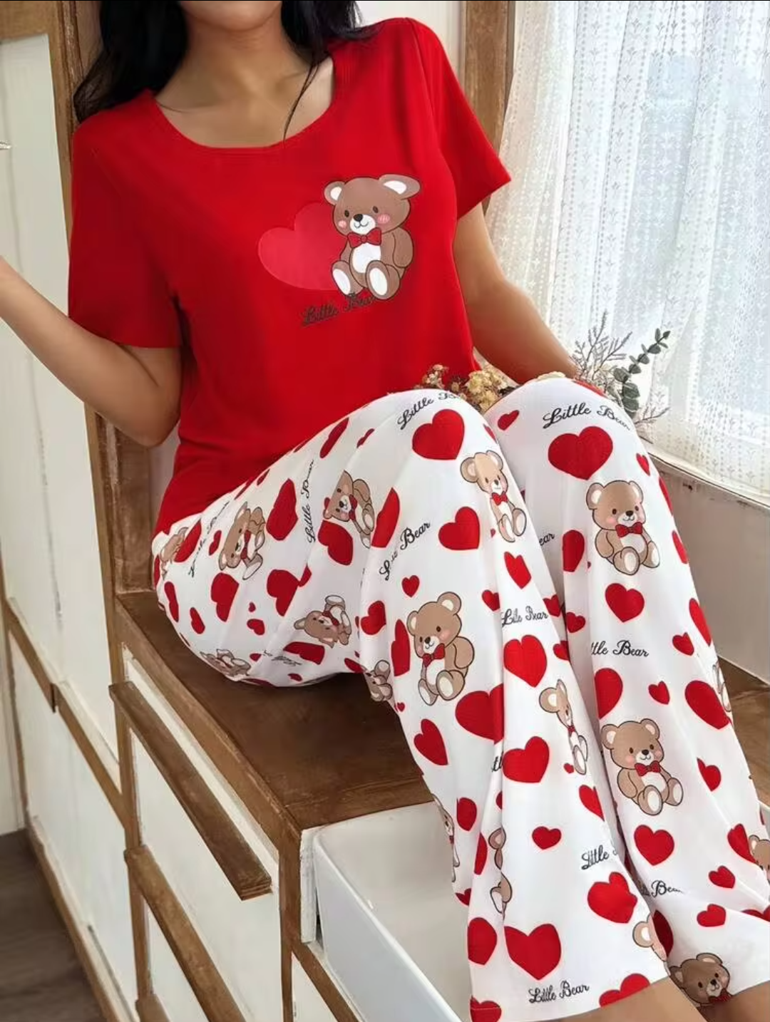Women’s Red Teddy Bear Printed Night Suit | Short Sleeve Top & Printed Pyjama Set