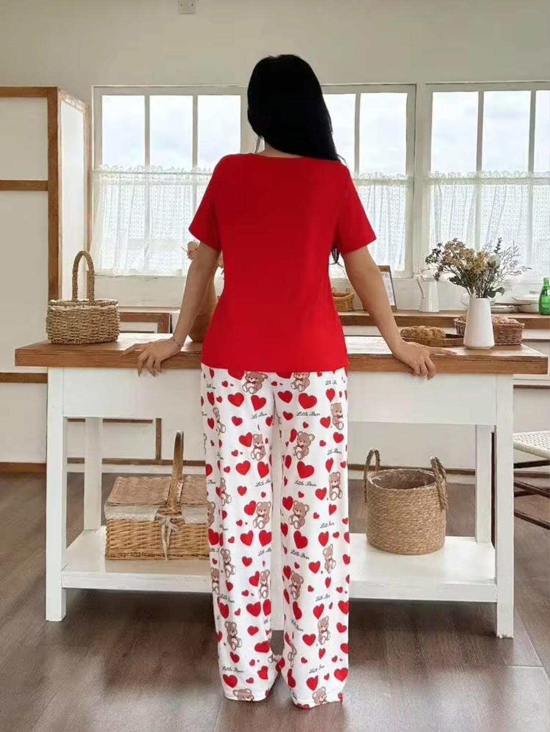Women’s Red Teddy Bear Printed Night Suit | Short Sleeve Top & Printed Pyjama Set