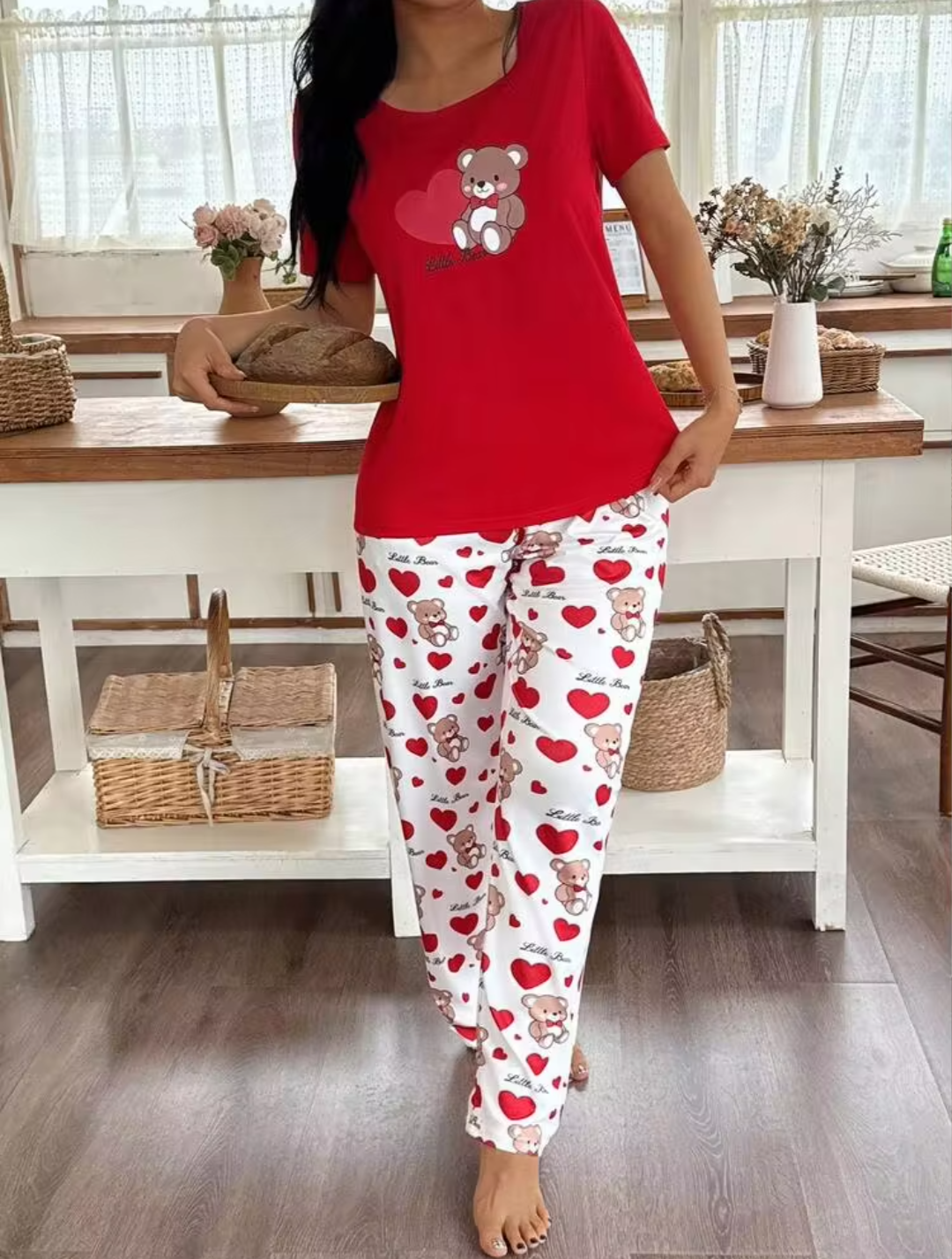 Women’s Red Teddy Bear Printed Night Suit | Short Sleeve Top & Printed Pyjama Set