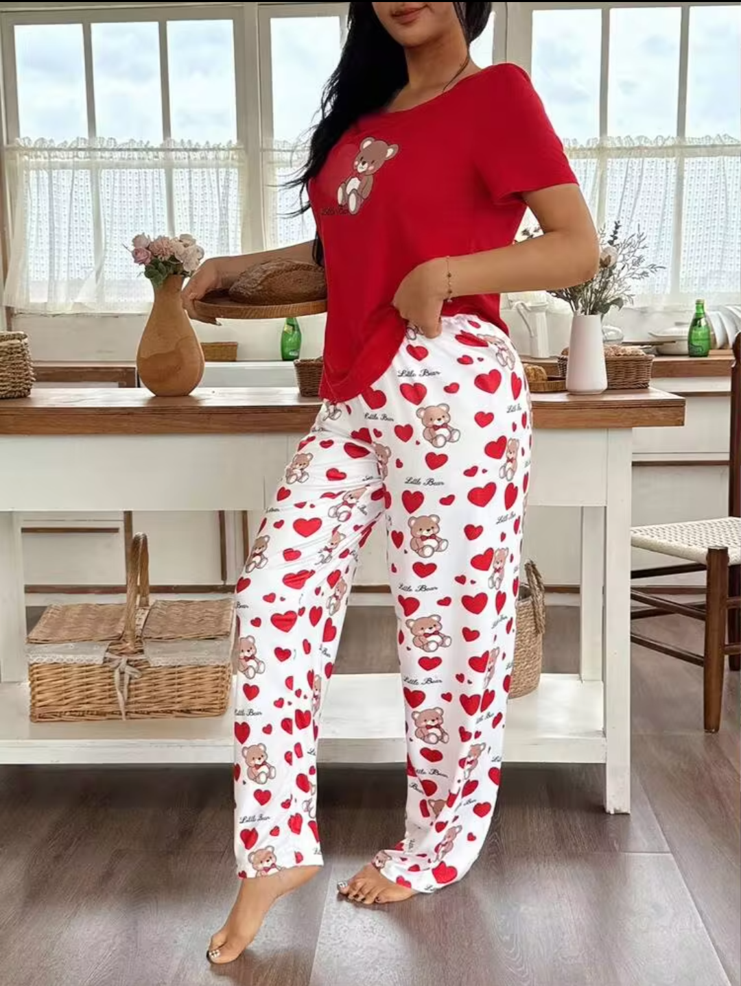 Women’s Red Teddy Bear Printed Night Suit | Short Sleeve Top & Printed Pyjama Set