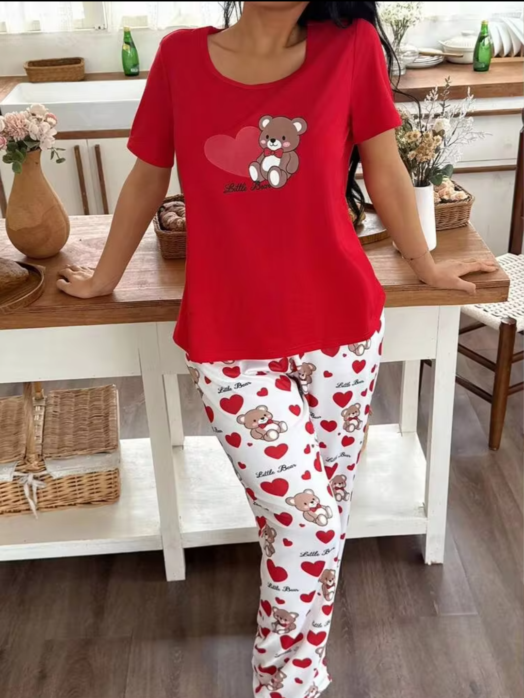 Women’s Red Teddy Bear Printed Night Suit | Short Sleeve Top & Printed Pyjama Set
