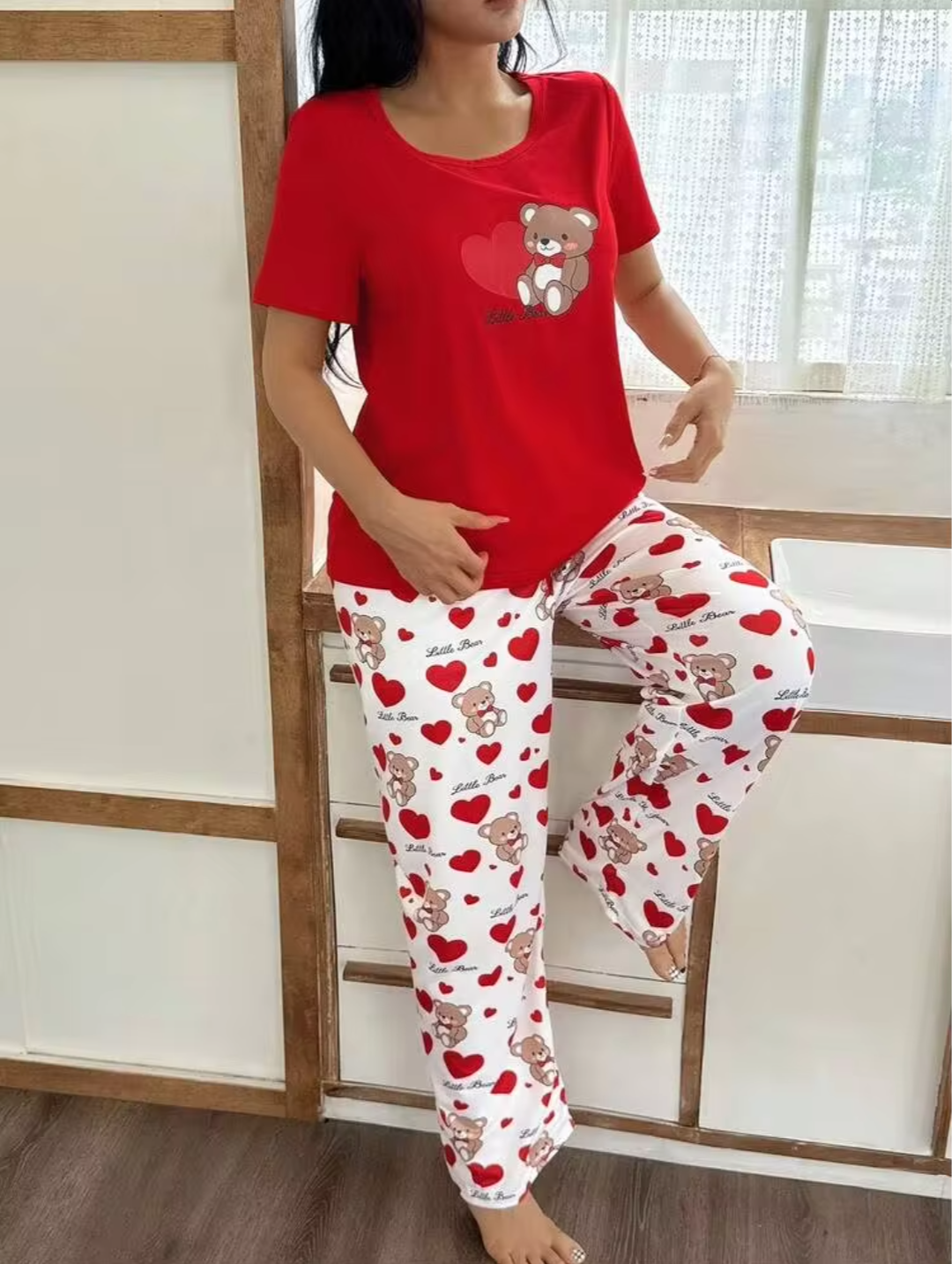 Women’s Red Teddy Bear Printed Night Suit | Short Sleeve Top & Printed Pyjama Set