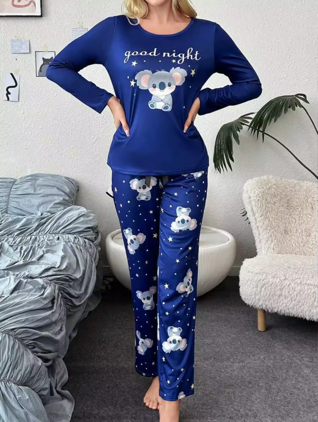 Women’s Blue Koala Printed Full Sleeve Pajama Night Suit