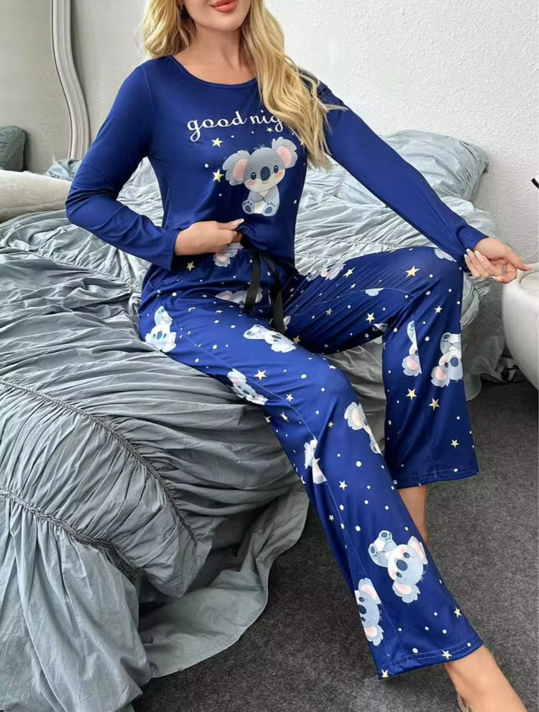 Women’s Blue Koala Printed Full Sleeve Pajama Night Suit