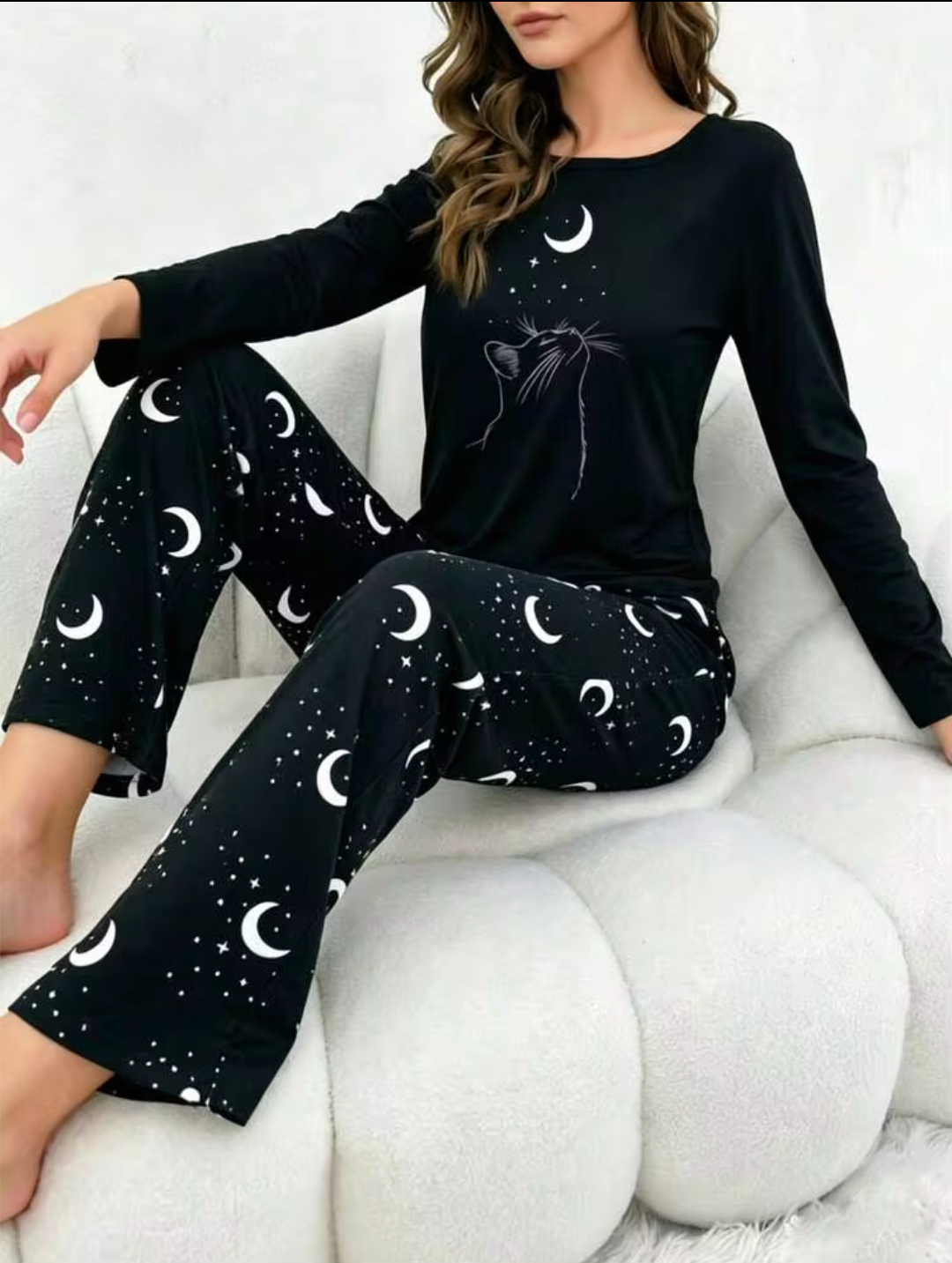 Women’s Celestial Midnight Cat & Moon Print Full-Sleeve Pajama Set - Black