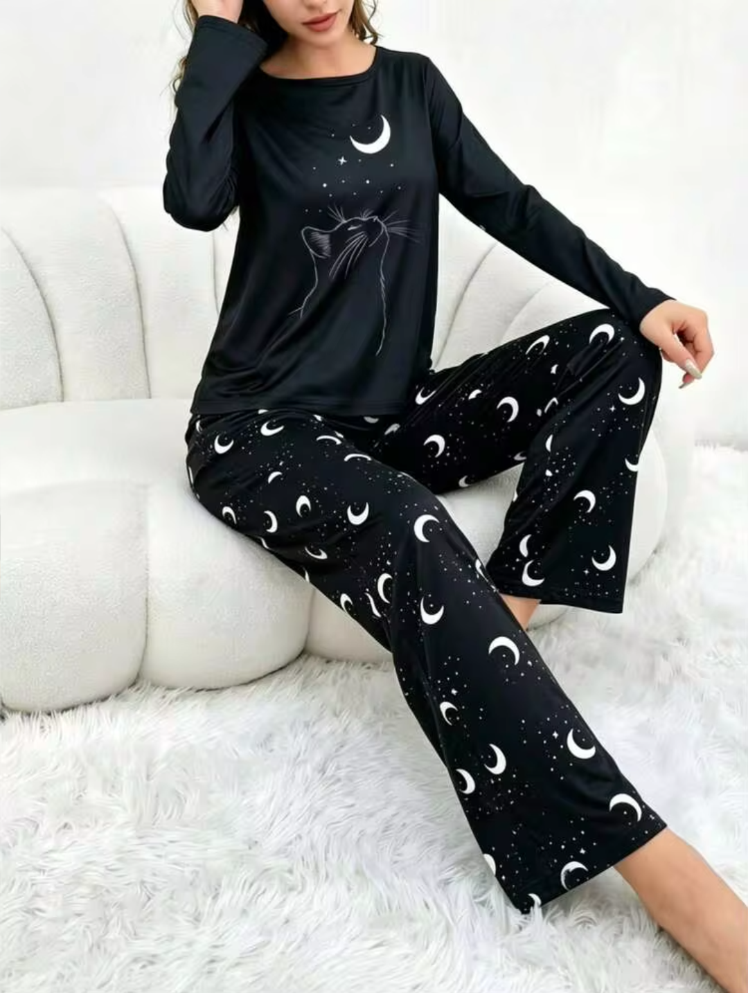Women’s Celestial Midnight Cat & Moon Print Full-Sleeve Pajama Set - Black