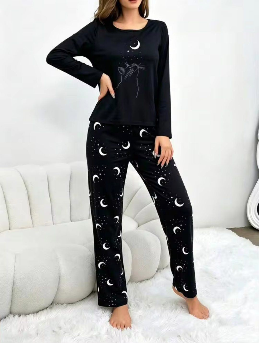Women’s Celestial Midnight Cat & Moon Print Full-Sleeve Pajama Set - Black