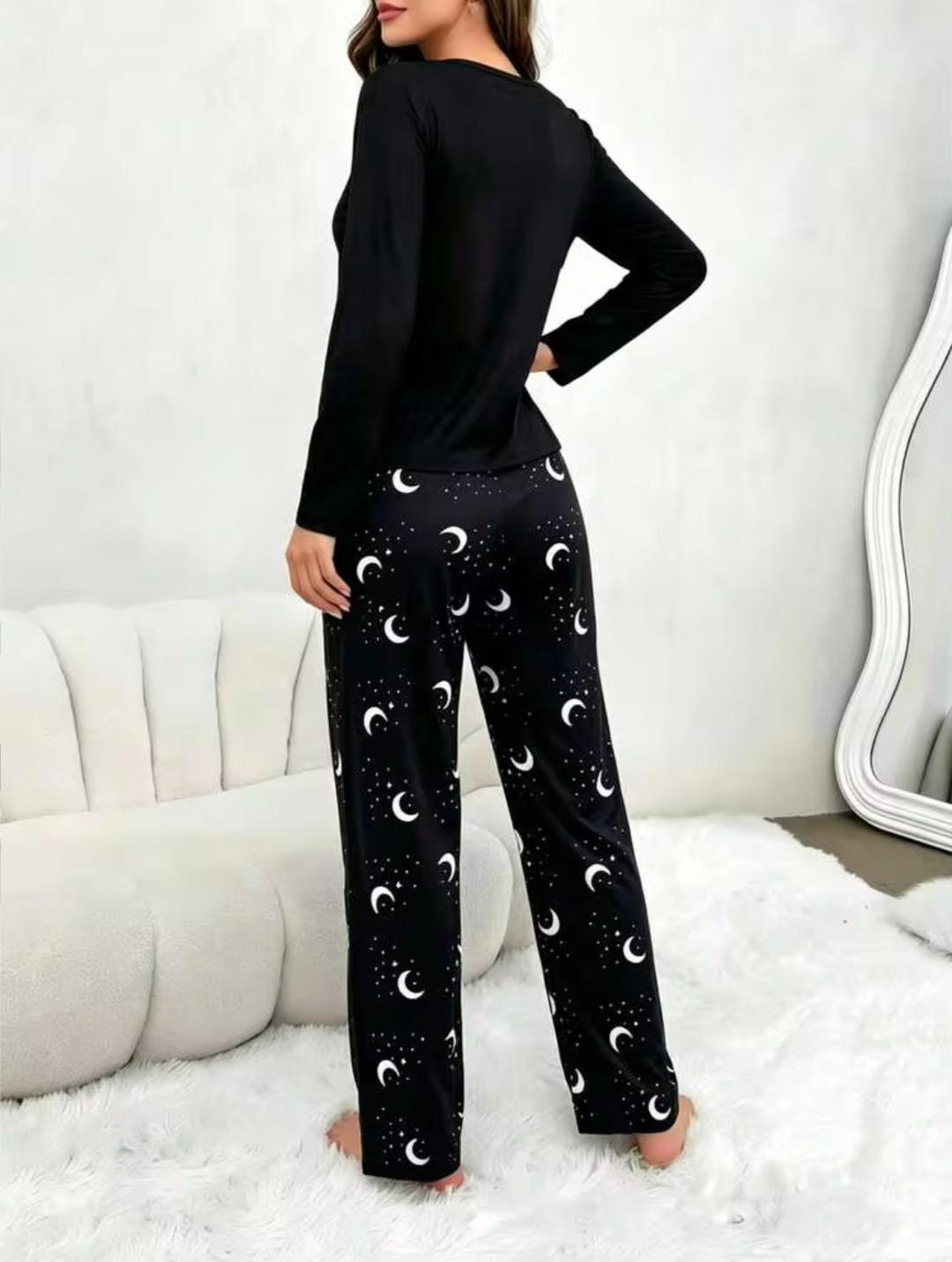 Women’s Celestial Midnight Cat & Moon Print Full-Sleeve Pajama Set - Black