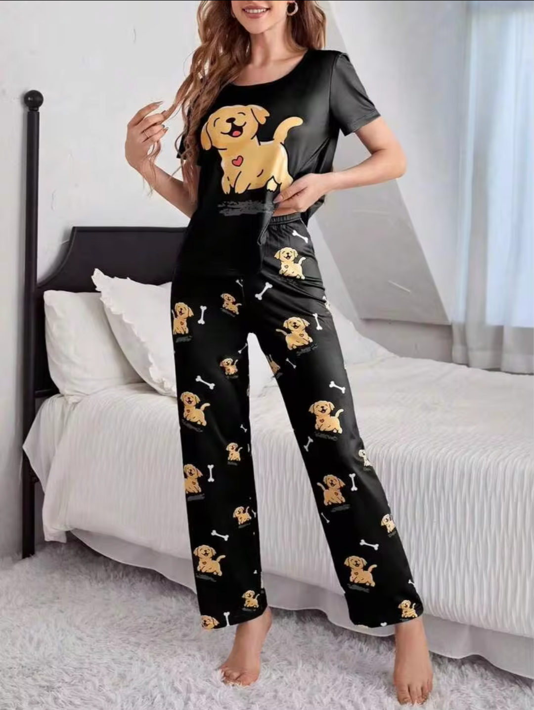 Women’s Cute Golden Puppy & Dog Bone Printed Short-Sleeve Pajama Set - Black