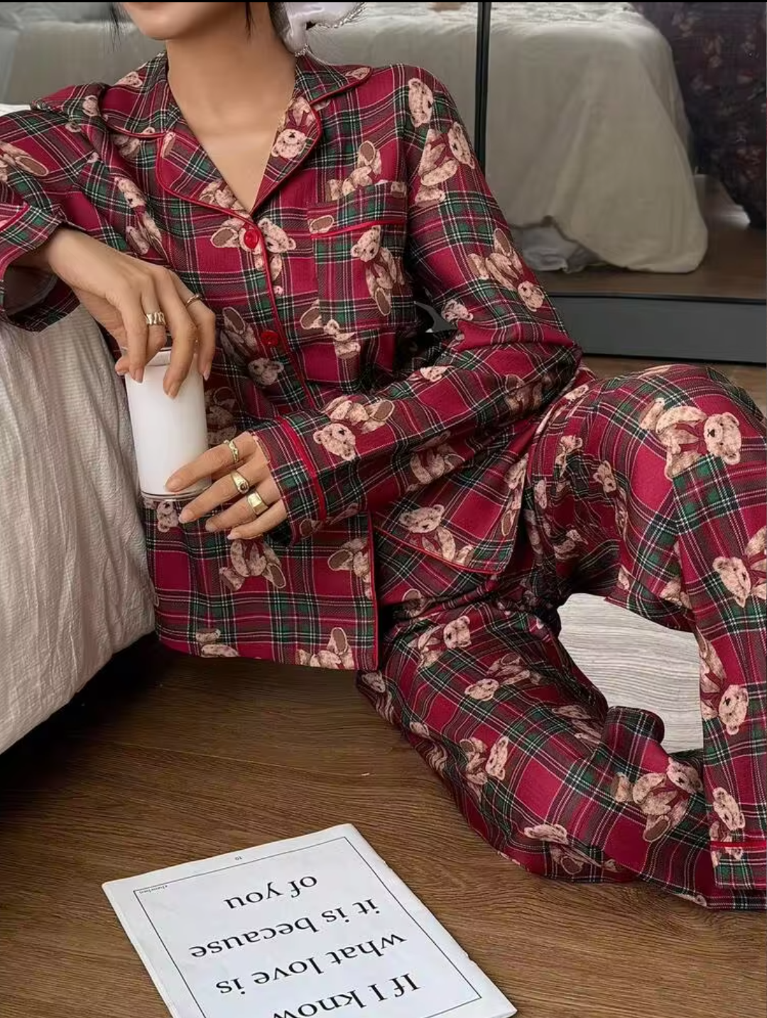 Women’s Red Plaid & Teddy Bear Print Button-Down Pajama Set - Red & Green