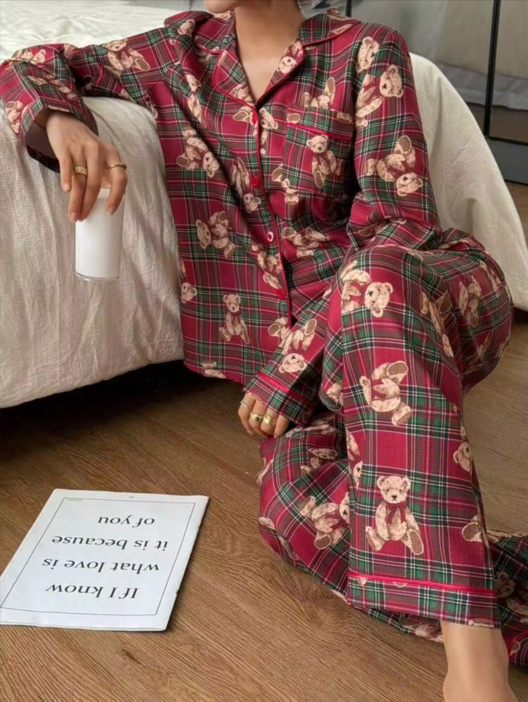 Women’s Red Plaid & Teddy Bear Print Button-Down Pajama Set - Red & Green
