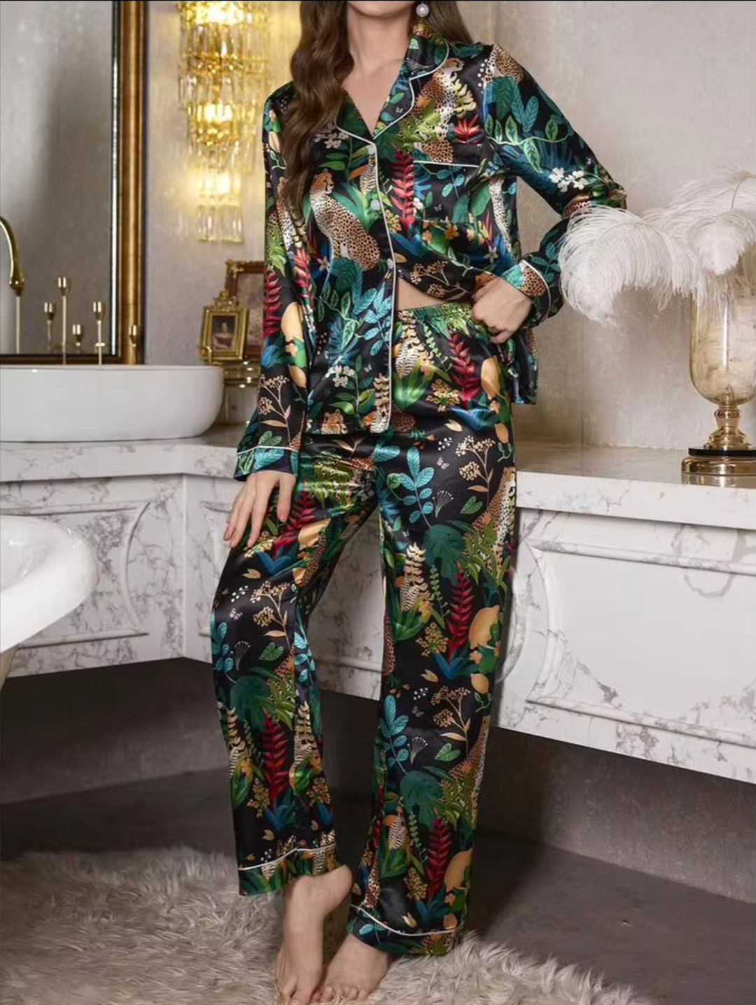 Women’s Premium Tropical Floral Print Satin Night Suit – Full Sleeve Button Down Pajama Set