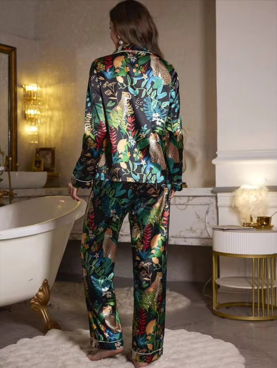 Women’s Premium Tropical Floral Print Satin Night Suit – Full Sleeve Button Down Pajama Set