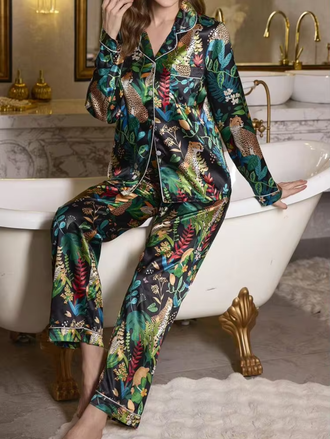 Women’s Premium Tropical Floral Print Satin Night Suit – Full Sleeve Button Down Pajama Set