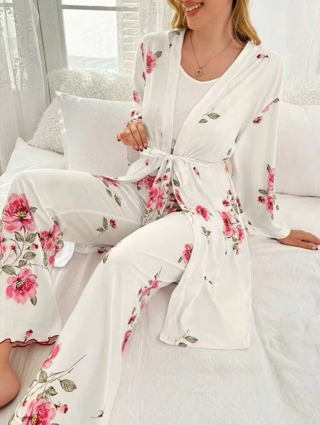 Women’s Elegant Pink Floral 3-Piece Camisole, Trousers & Robe Lounge Set - White