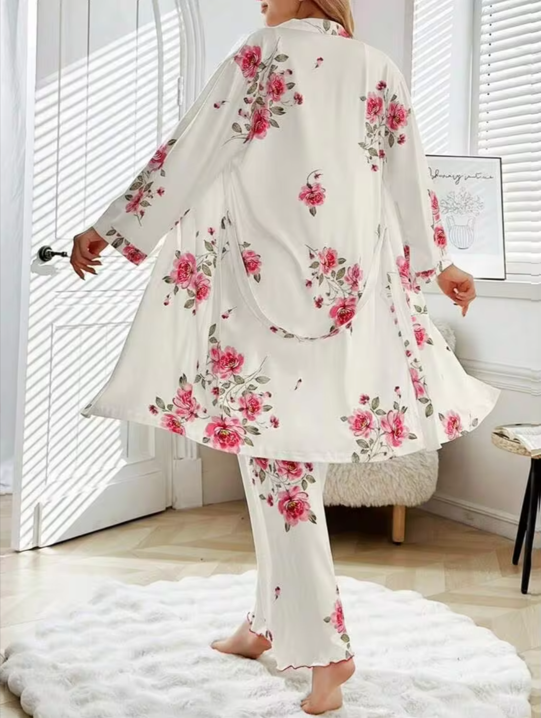 Women’s Elegant Pink Floral 3-Piece Camisole, Trousers & Robe Lounge Set - White