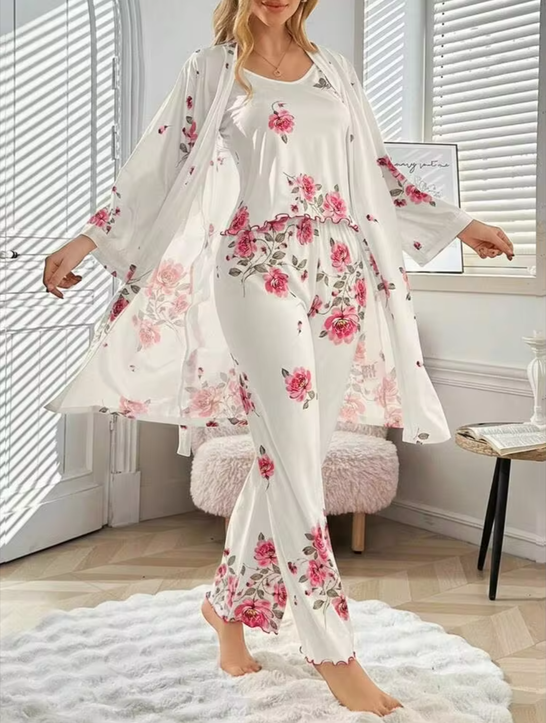 Women’s Elegant Pink Floral 3-Piece Camisole, Trousers & Robe Lounge Set - White