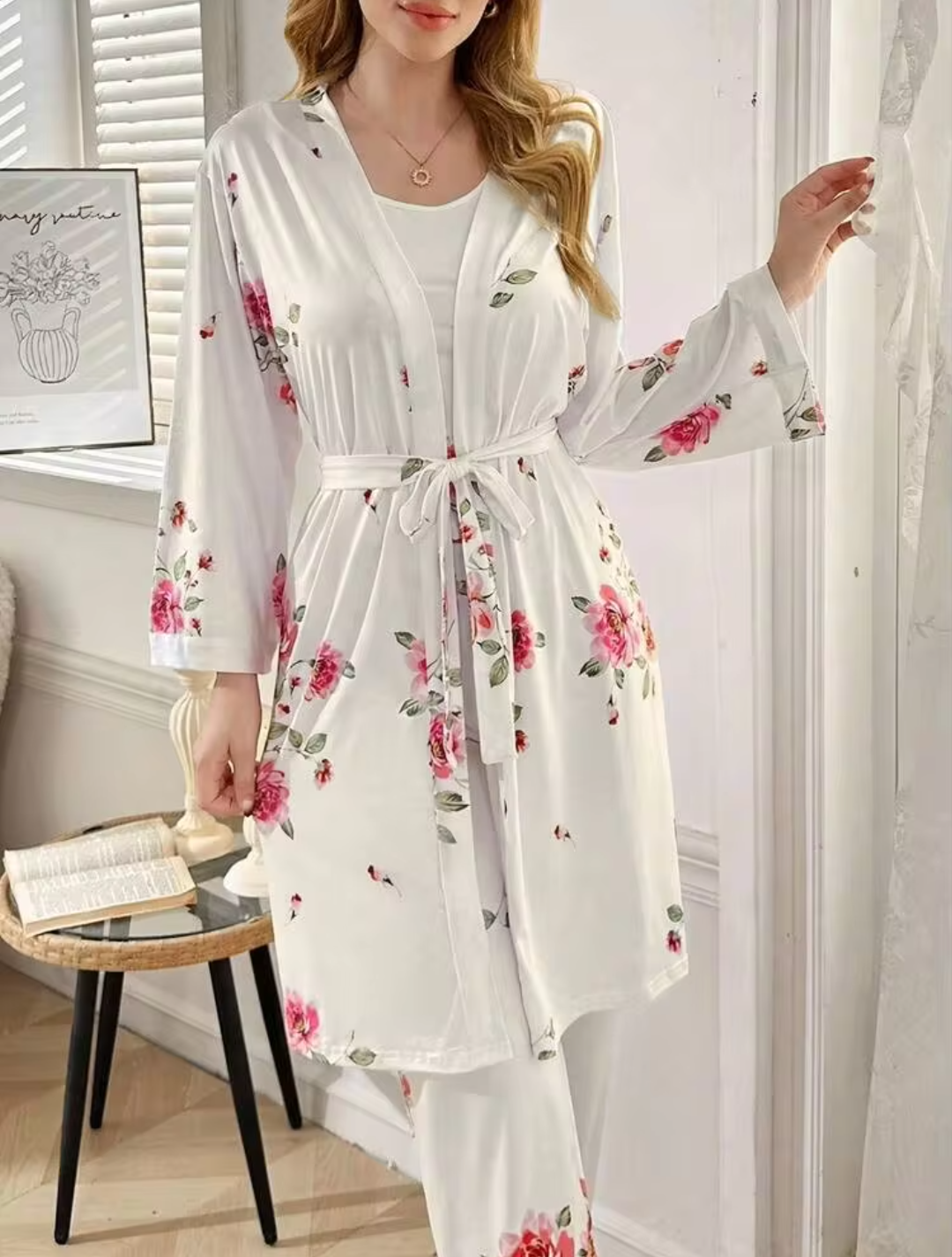 Women’s Elegant Pink Floral 3-Piece Camisole, Trousers & Robe Lounge Set - White