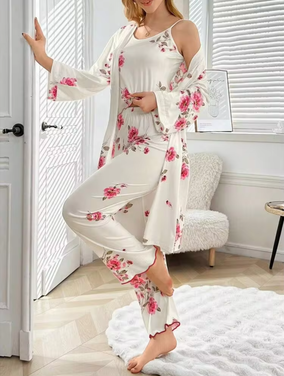 Women’s Elegant Pink Floral 3-Piece Camisole, Trousers & Robe Lounge Set - White