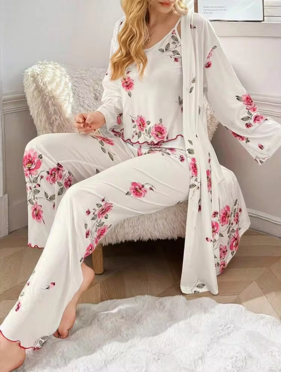 Women’s Elegant Pink Floral 3-Piece Camisole, Trousers & Robe Lounge Set - White