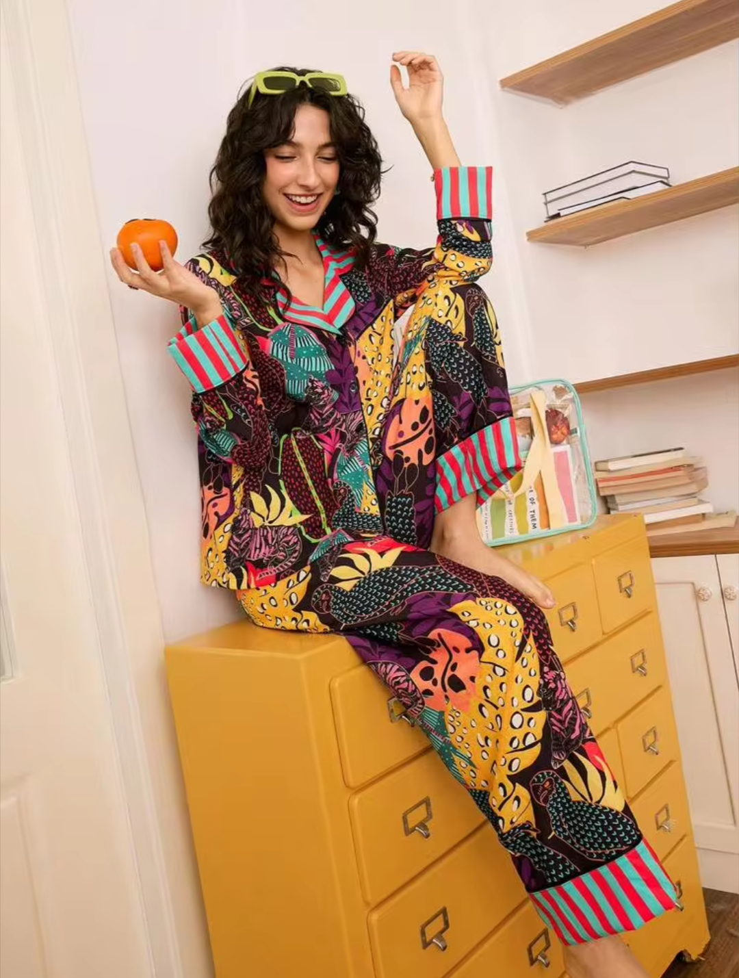 Women’s Vibrant Tropical Jungle Printed Notch Collar Pajama Set - Multicolor