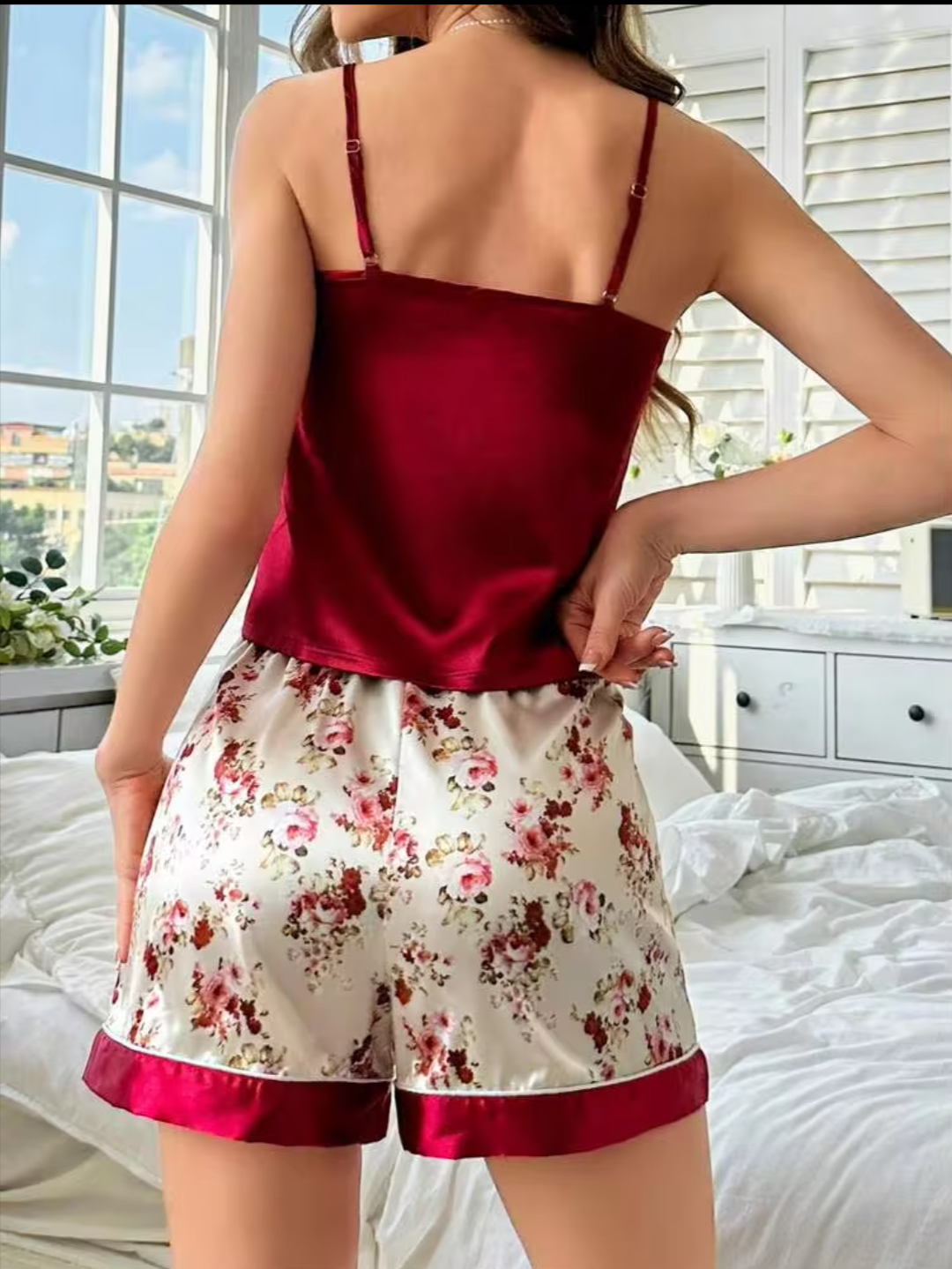 Women’s Red Floral Satin Night Suit Set | Sleeveless Camisole Top & Shorts Sleepwear
