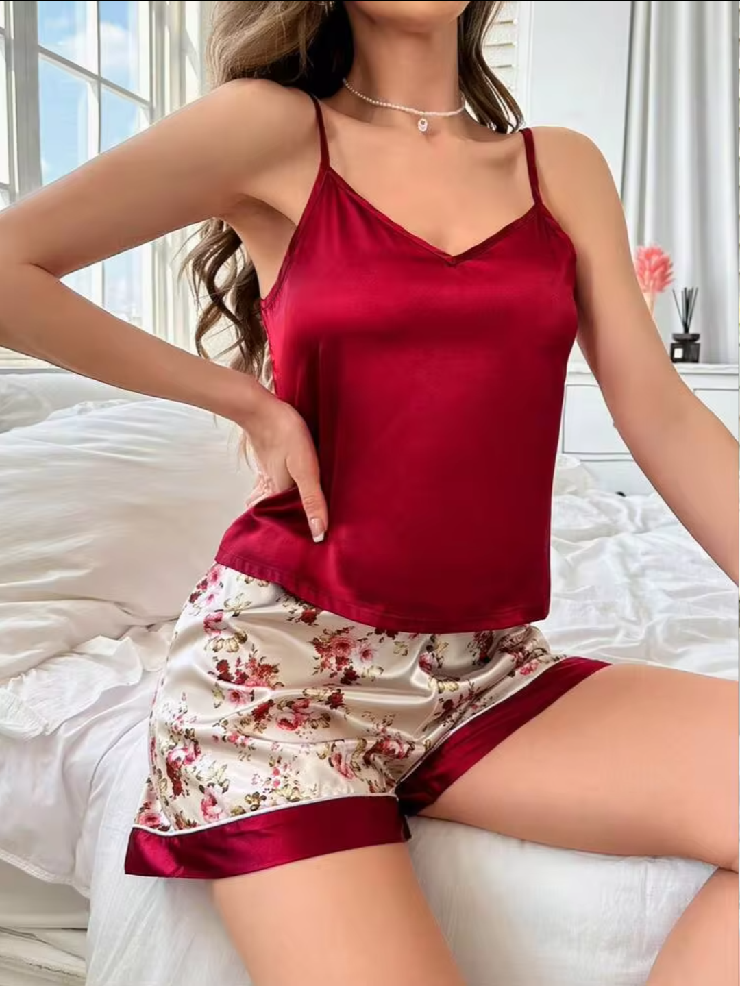 Women’s Red Floral Satin Night Suit Set | Sleeveless Camisole Top & Shorts Sleepwear
