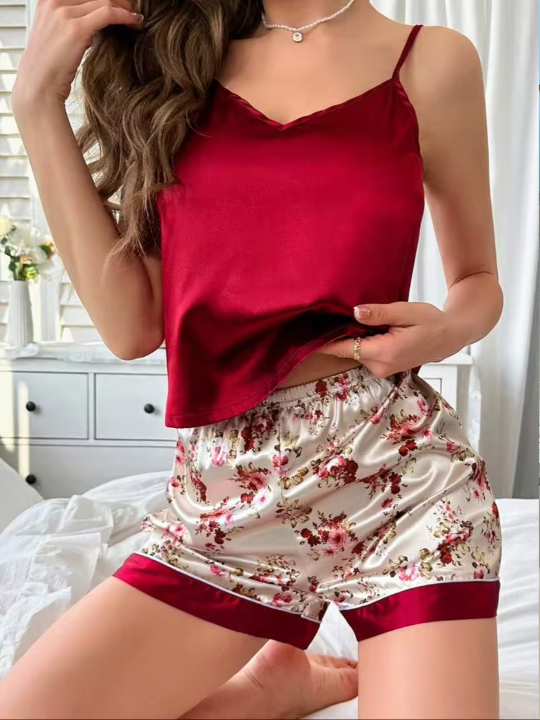 Women’s Red Floral Satin Night Suit Set | Sleeveless Camisole Top & Shorts Sleepwear