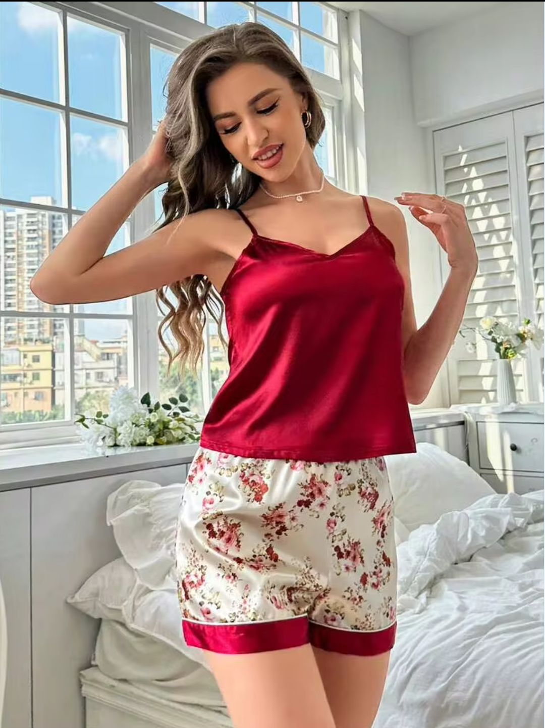 Women’s Red Floral Satin Night Suit Set | Sleeveless Camisole Top & Shorts Sleepwear