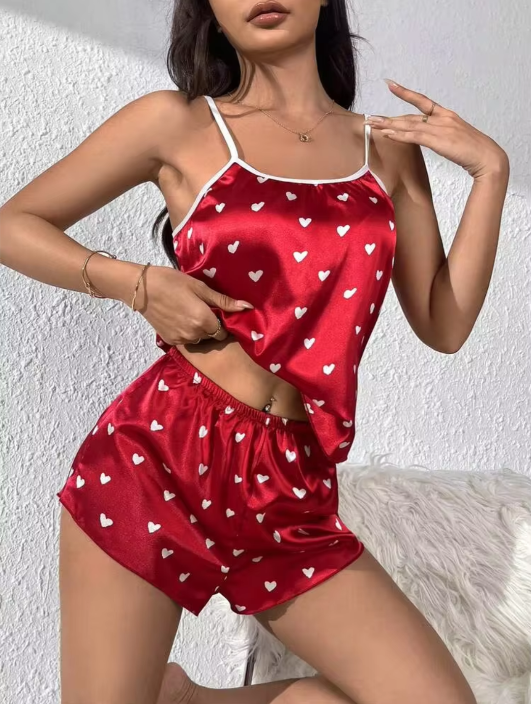 Women’s Red Satin Heart Print Cami & Shorts Night Suit