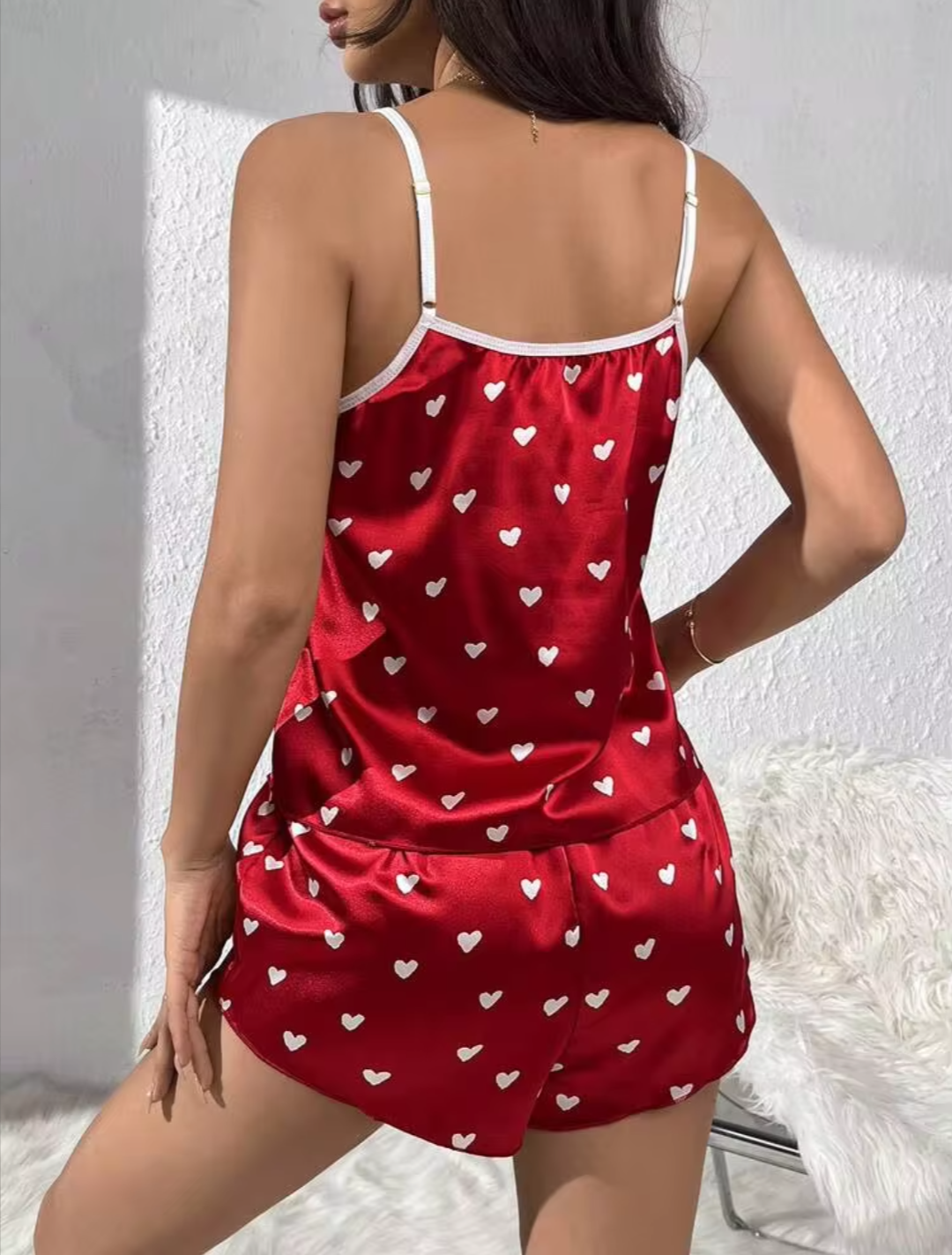 Women’s Red Satin Heart Print Cami & Shorts Night Suit