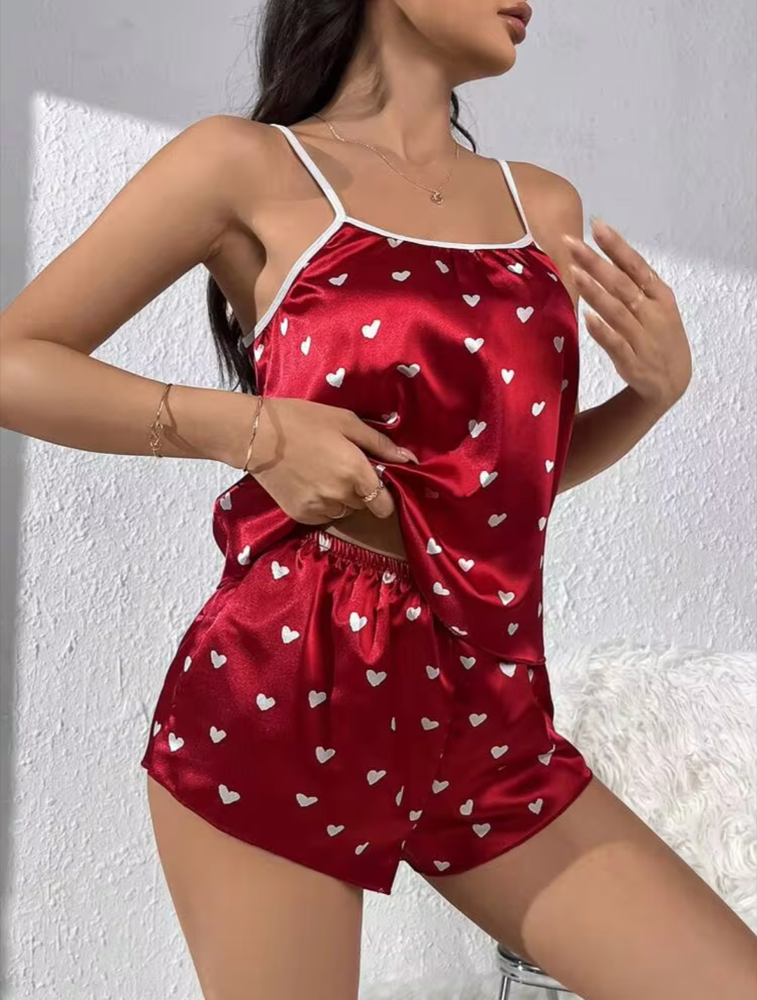 Women’s Red Satin Heart Print Cami & Shorts Night Suit