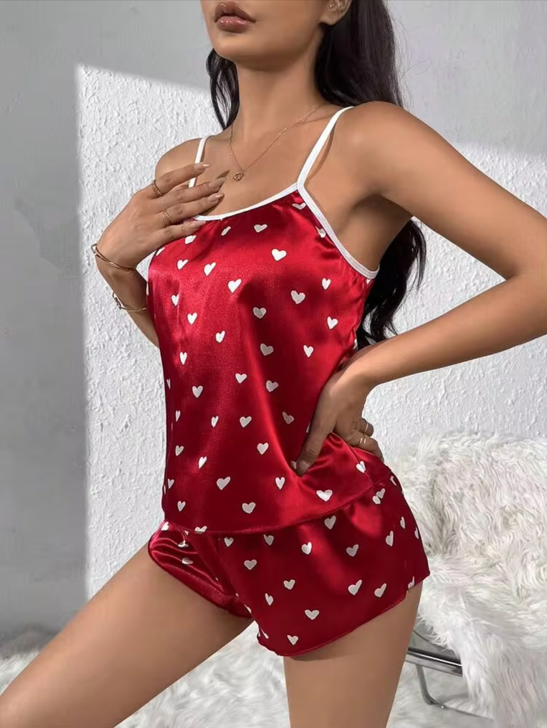 Women’s Red Satin Heart Print Cami & Shorts Night Suit