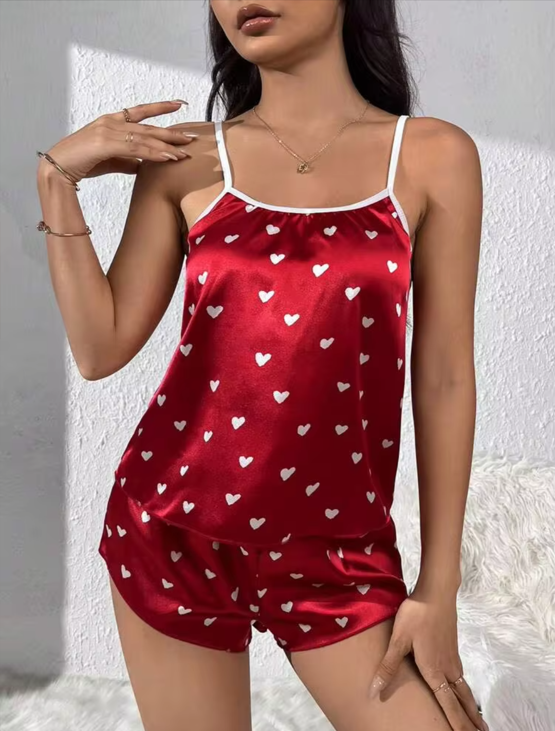 Women’s Red Satin Heart Print Cami & Shorts Night Suit