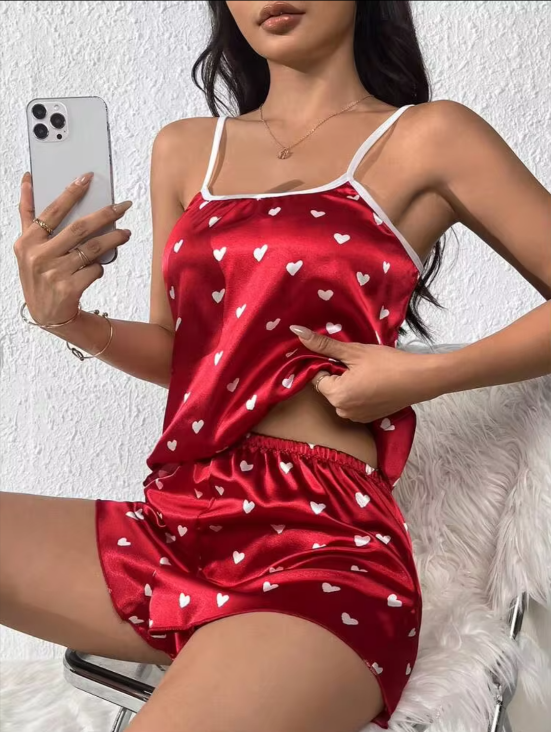 Women’s Red Satin Heart Print Cami & Shorts Night Suit