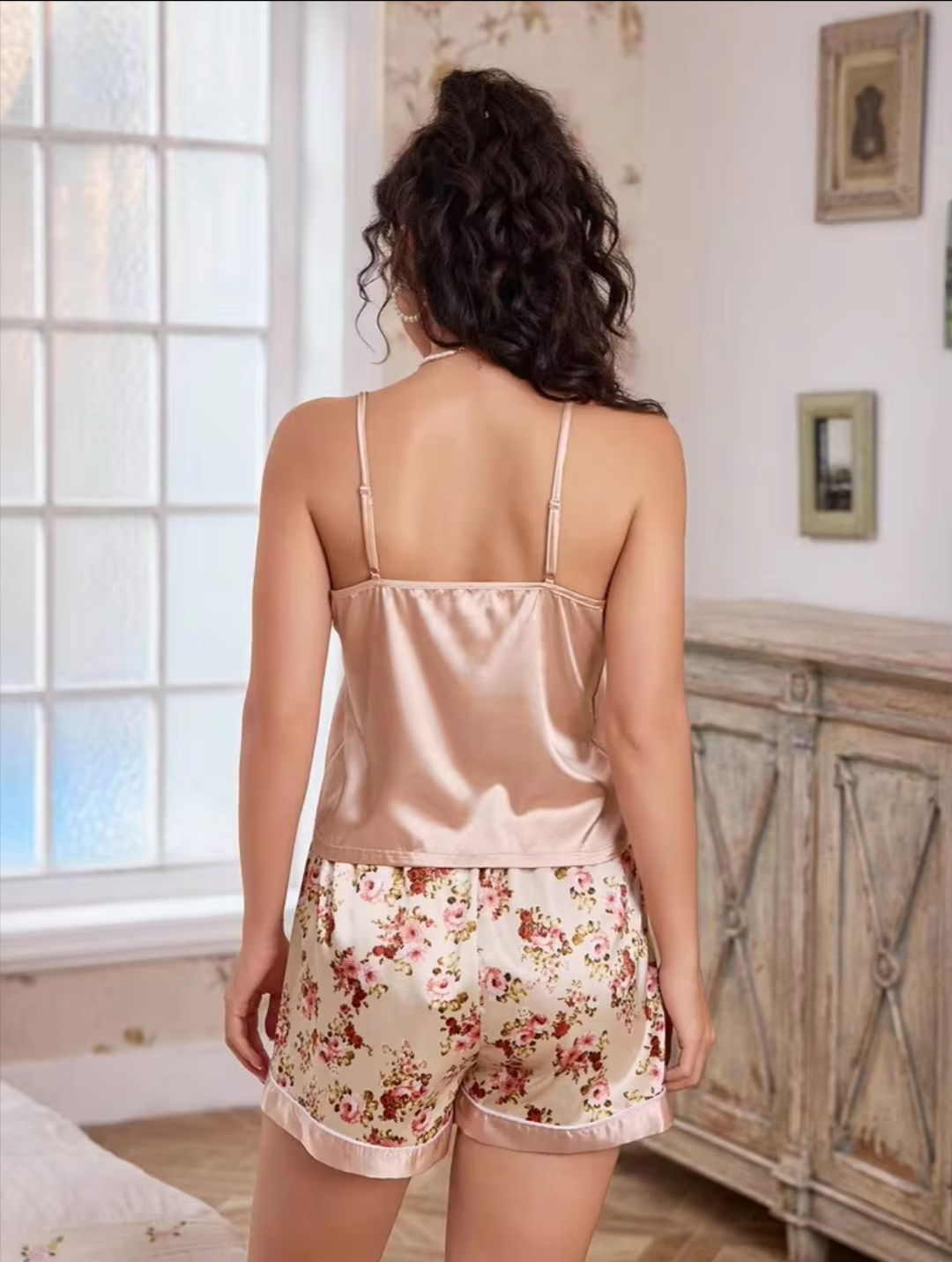 Women's Premium Satin Nightwear Co-Ord Set – Champaign Floral Print Shirt & Shorts