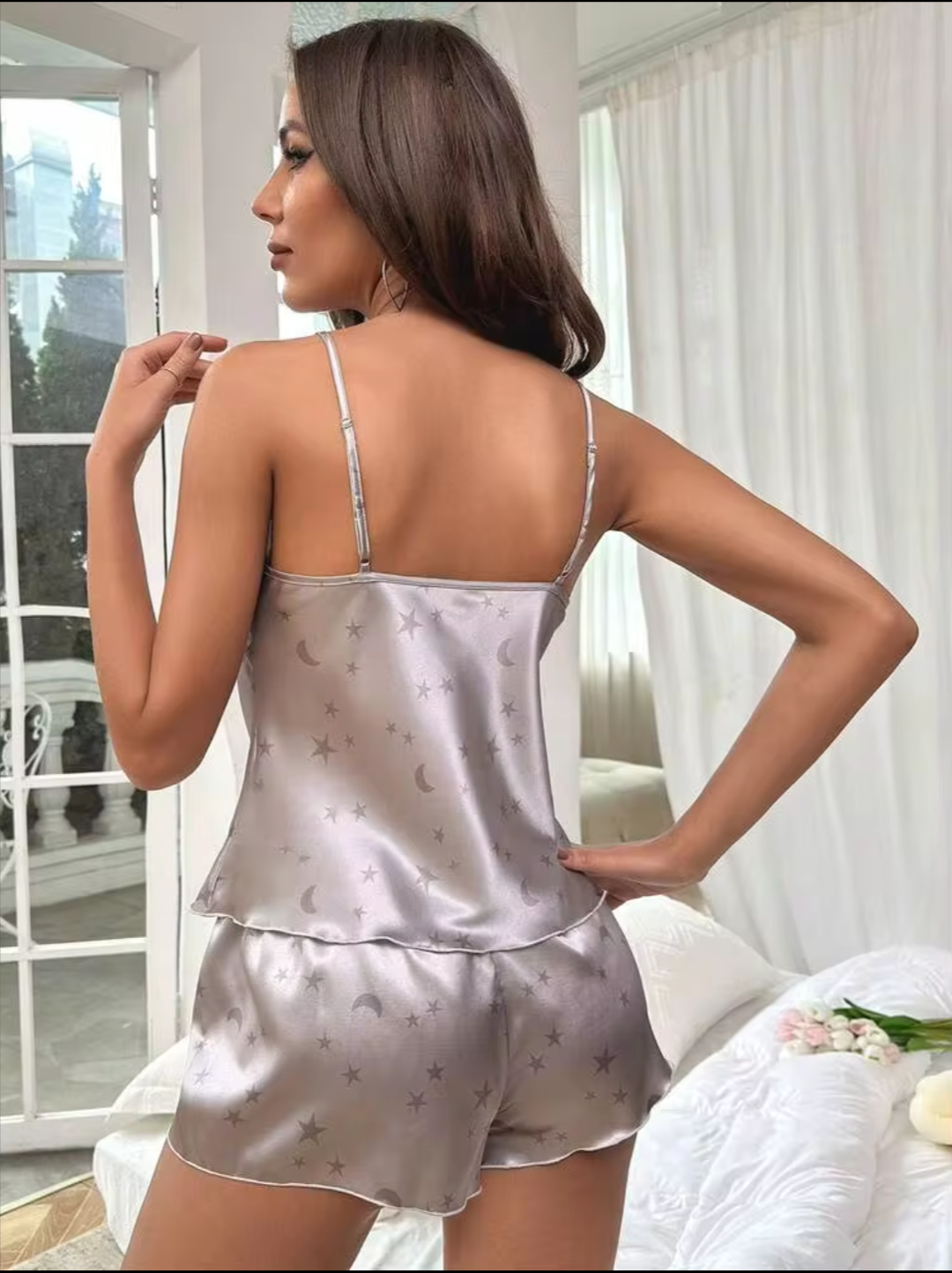 Women’s Silver Satin Star & Moon Print Cami Top with Shorts Night Suit