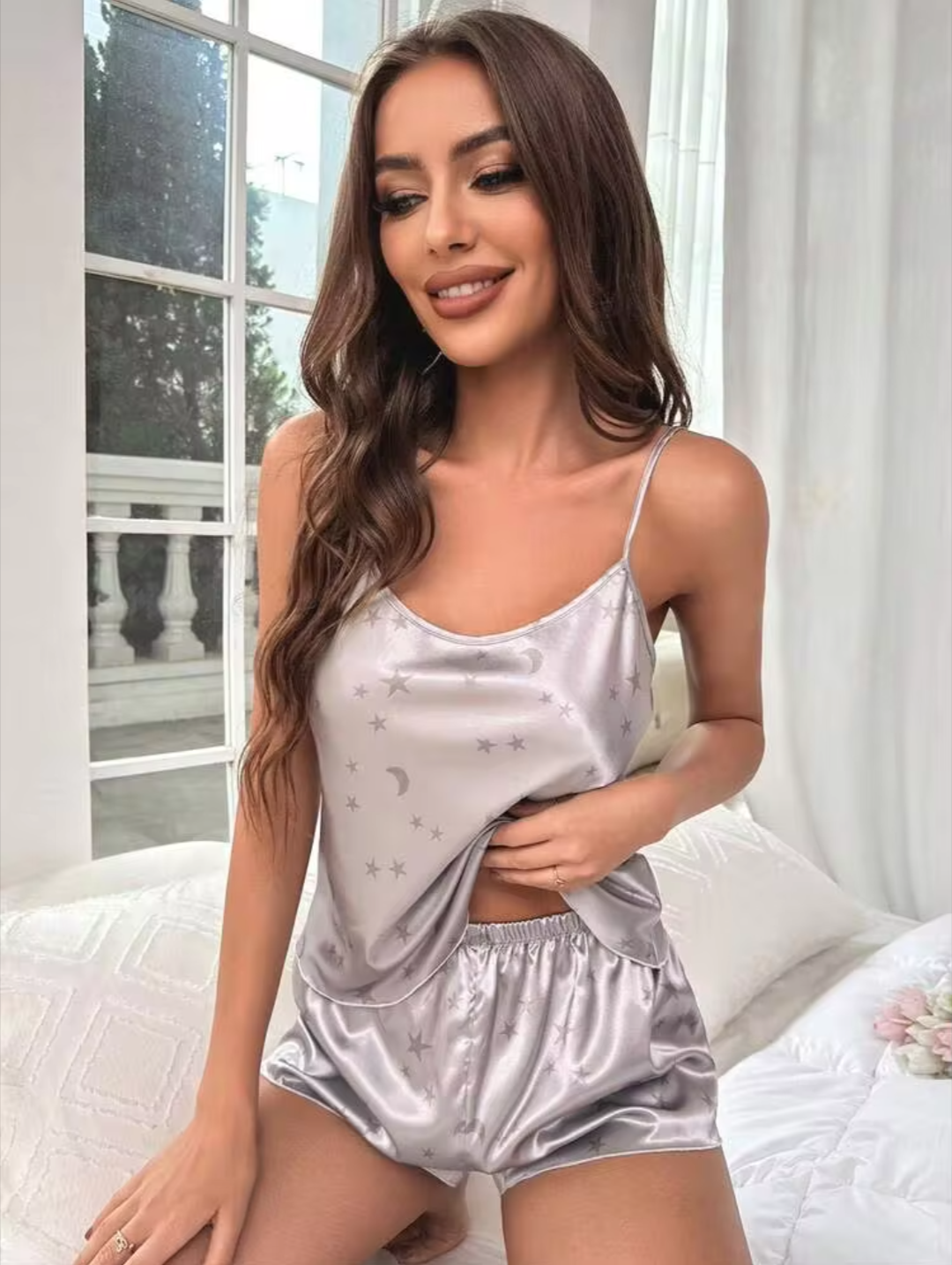 Women’s Silver Satin Star & Moon Print Cami Top with Shorts Night Suit