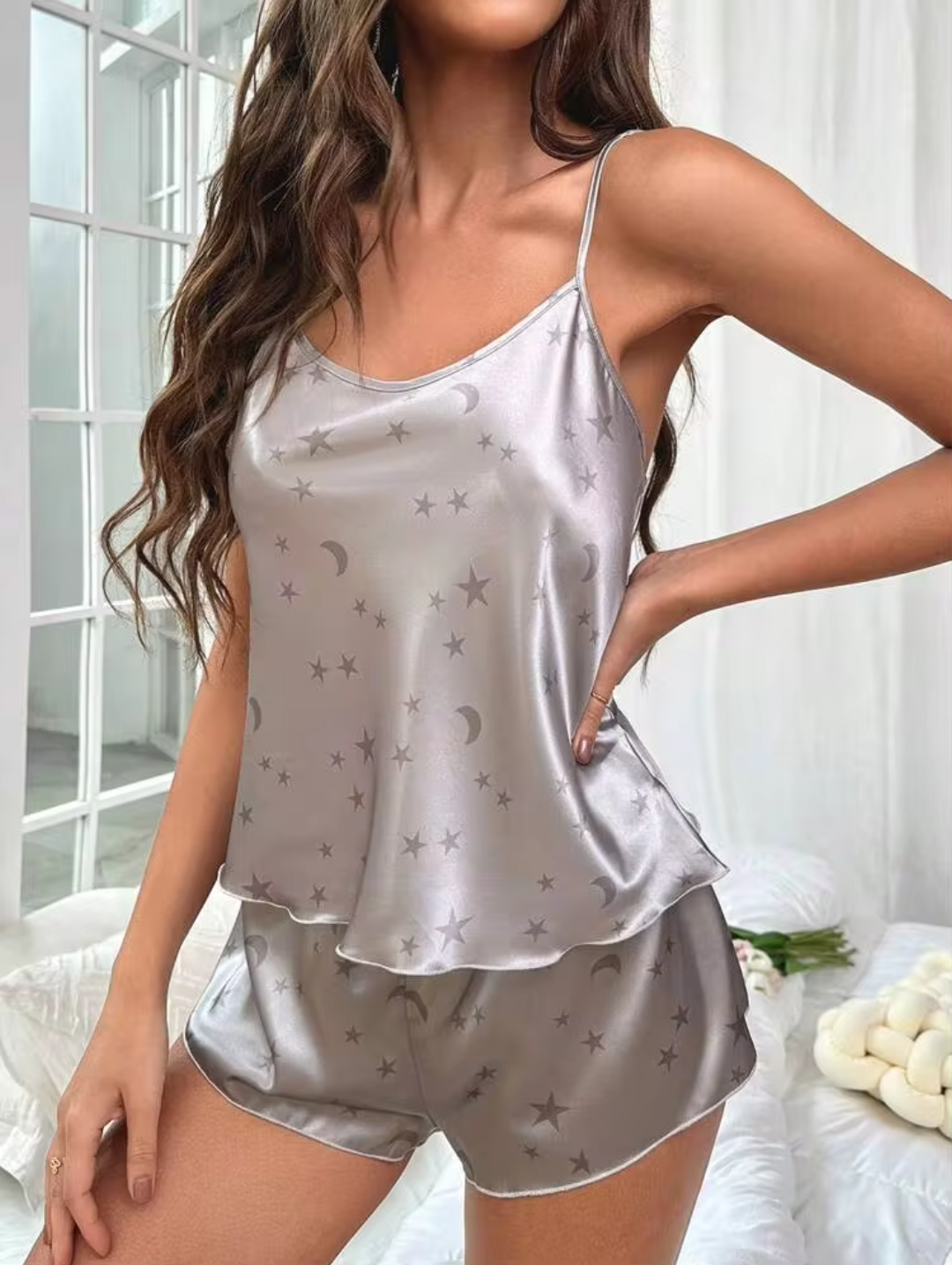 Women’s Silver Satin Star & Moon Print Cami Top with Shorts Night Suit