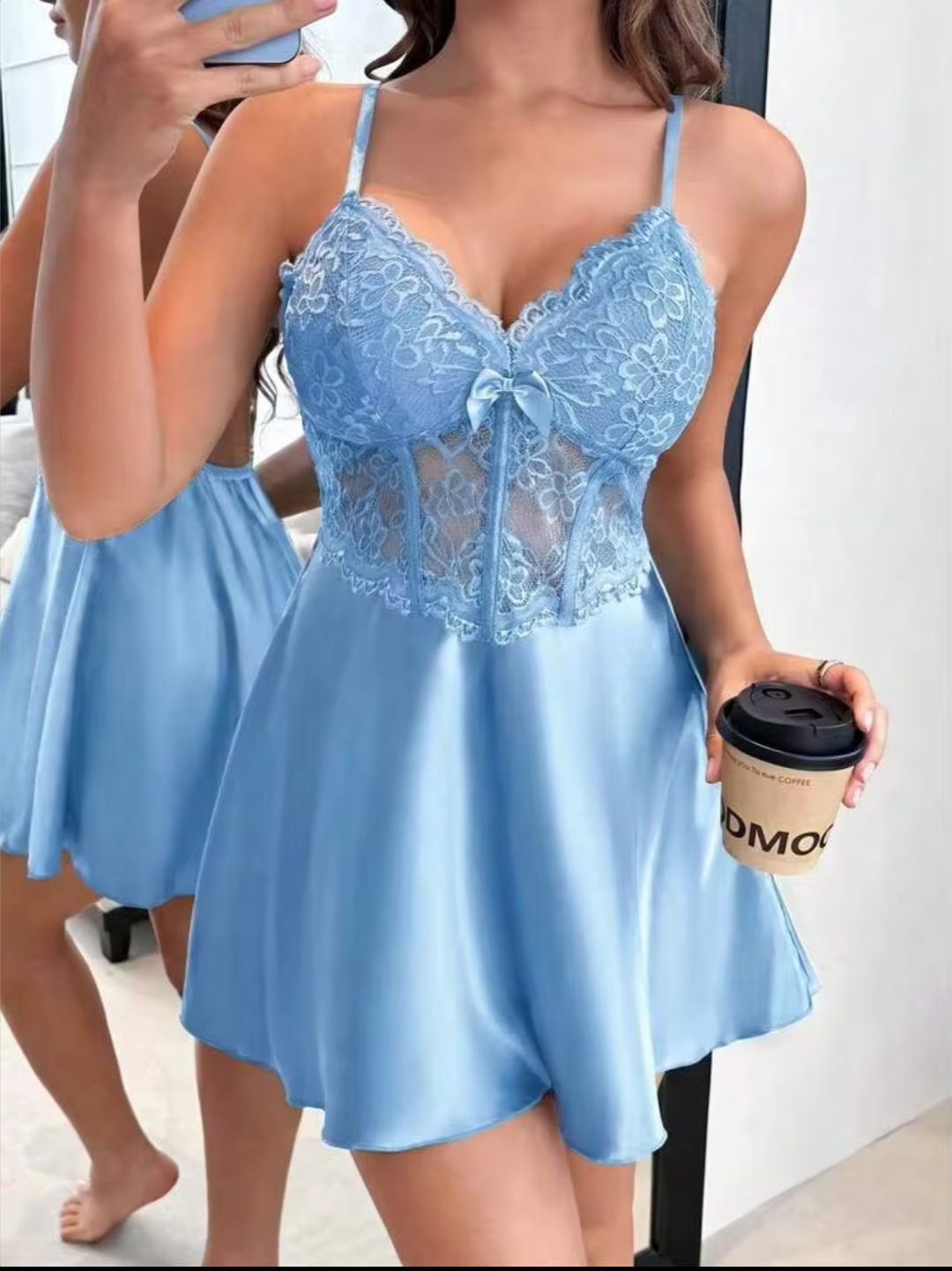 Women’s Soft Blue Floral Lace Bustier Satin Babydoll Dress - Light Blue