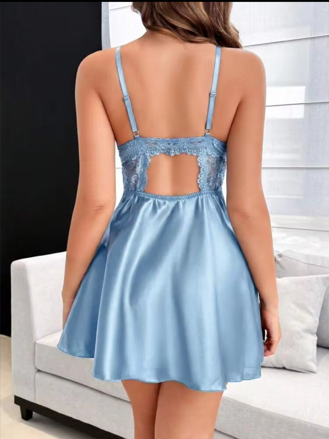 Women’s Soft Blue Floral Lace Bustier Satin Babydoll Dress - Light Blue
