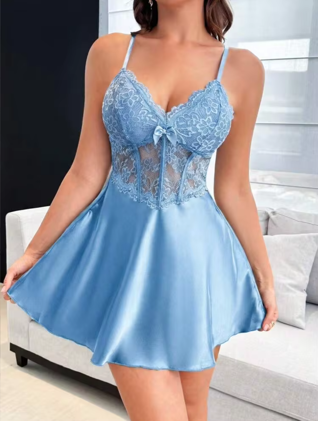 Women’s Soft Blue Floral Lace Bustier Satin Babydoll Dress - Light Blue