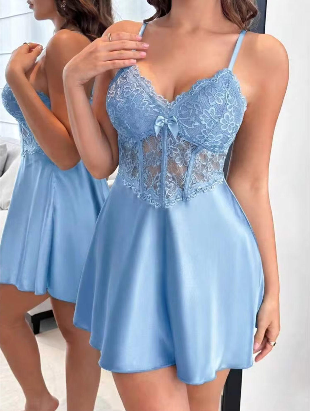 Women’s Soft Blue Floral Lace Bustier Satin Babydoll Dress - Light Blue