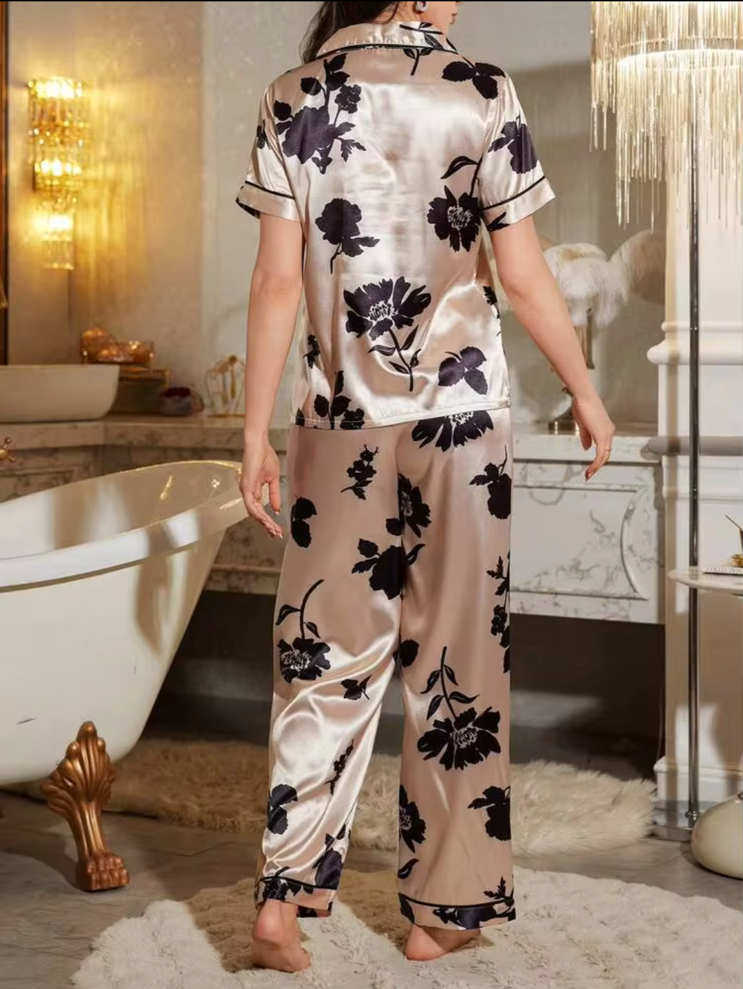 Women’s Premium Satin Floral Printed Night Suit Set – Short Sleeve Button Down Top with Relaxed Pyjama