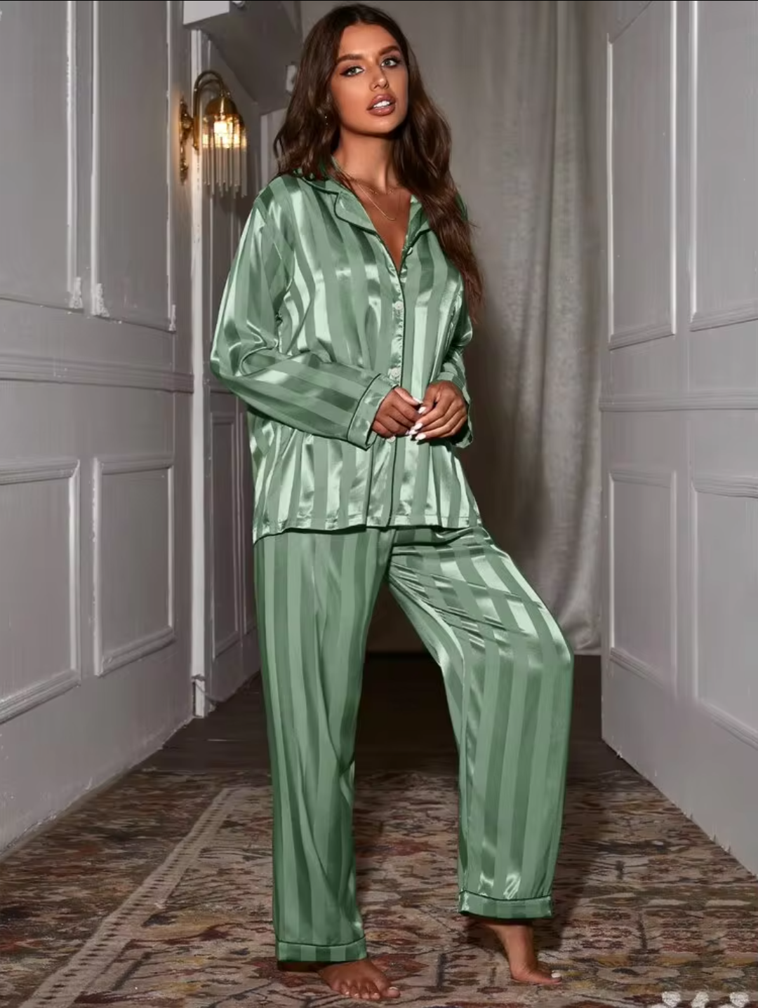 Women’s Premium Satin 3-Piece Lounge Set – Full Sleeve Button-Down Top, Pyjama & Robe